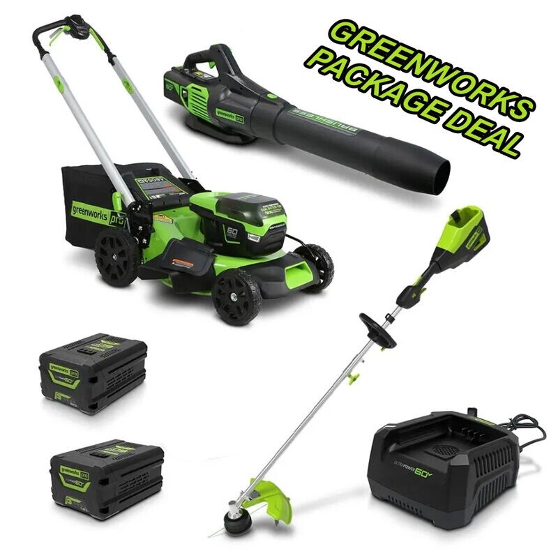 Greenworks 60V Mower Blower Trimmer Home Bundle Kit